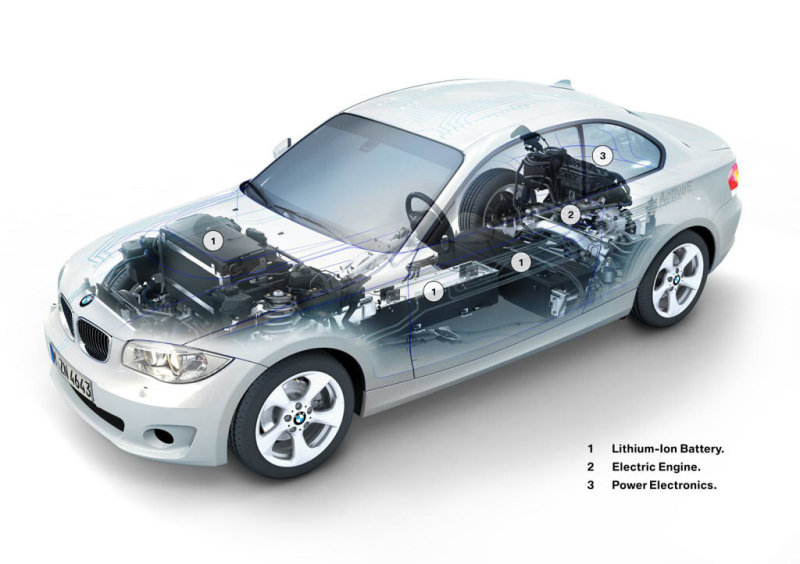 У силового агрегата ActiveE мало общего с серийными моделями BMW: 1.литий-ионные аккумуляторы 2.тяговый э-мотор 3.силовая электроника.
