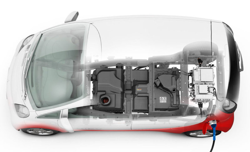 Центральномоторная компоновка: силовой агрегат i-MiEV размещен перед задней осью. Емкие (и массивные) литий-ионные аккумуляторы прячутся под полом – центр тяжести.