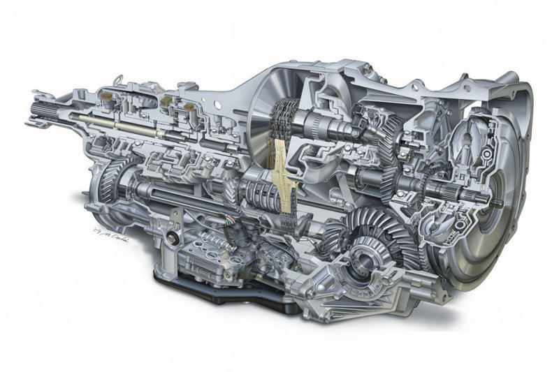 Конструкция CVT Lineartronic (в блоке с передней главной передачей) выглядит довольно замысловатой.