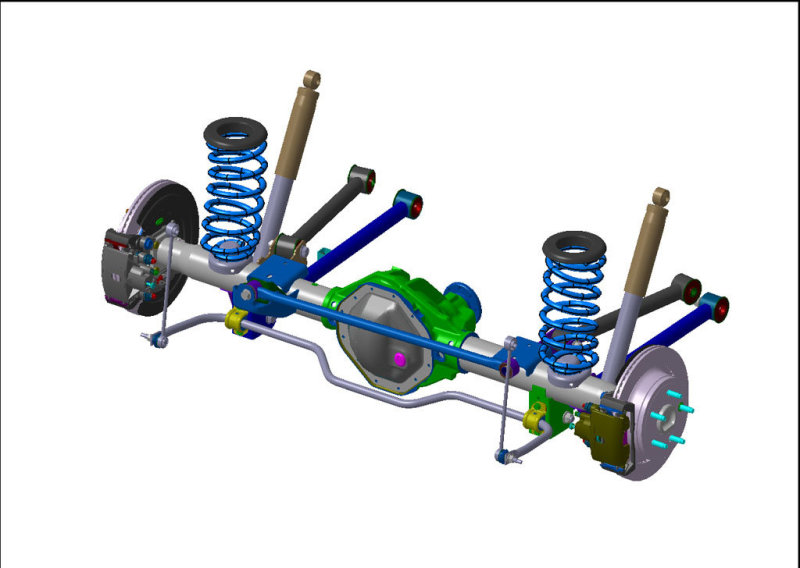 Неразрезный задний мост подвешен на 5 направляющих рычагах с винтовыми пружинами. Аккуратная кинематика, ровный ход.