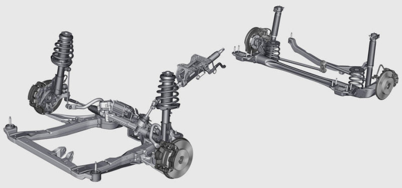 Сзади у седана -  механизм Уатта с двумя реактивными тягами, идущими от продольных рычагов и соединёнными коромыслом через жёсткий центральный шарнир. Эта конструкция легче и дешевле многорычажки, но по поведению близка к ней. Вдобавок такое решение позволяет снизить поперечные нагрузки на сайлентблоки. В итоге ради комфорта их можно сделать мягче. Передняя подвеска – шаблон автомобилей C-класса: алюминиевые рычаги и стойки McPherson