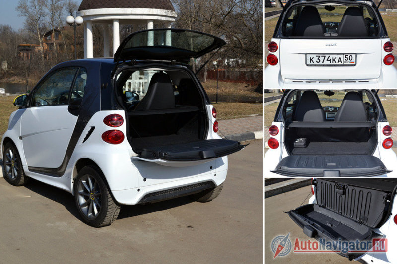 Багажник, как это ни странно, есть. И намного более функциональный, чем можно подумать, глядя на него снаружи. Минимум – 220 литров, максимум – 340. И это не считая карманов за спинками сидений и закрывающегося пластикового бокса в двери багажника. Чтобы полностью открыть трюм, нужно сначала поднять стекло, а потом уже откинуть заднюю дверцу вниз