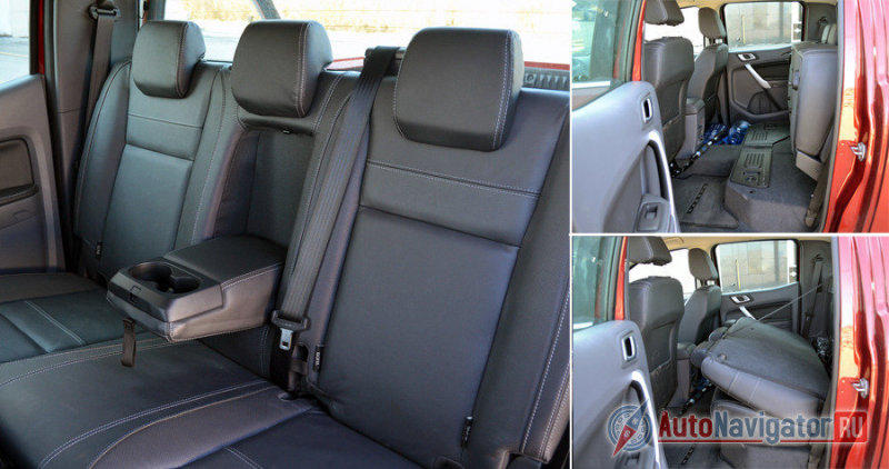 Сзади достаточно комфортно, есть подлокотник и полноценные подголовники для троих. За спинкой дивана прячется домкрат, знак аварийной остановки, съемная часть фаркопа и крюки для фиксации груза в кузове. А под сидушками прячутся два закрывающихся пластмассовыми крышками бокса для мелочей, аптечки или чего-то еще