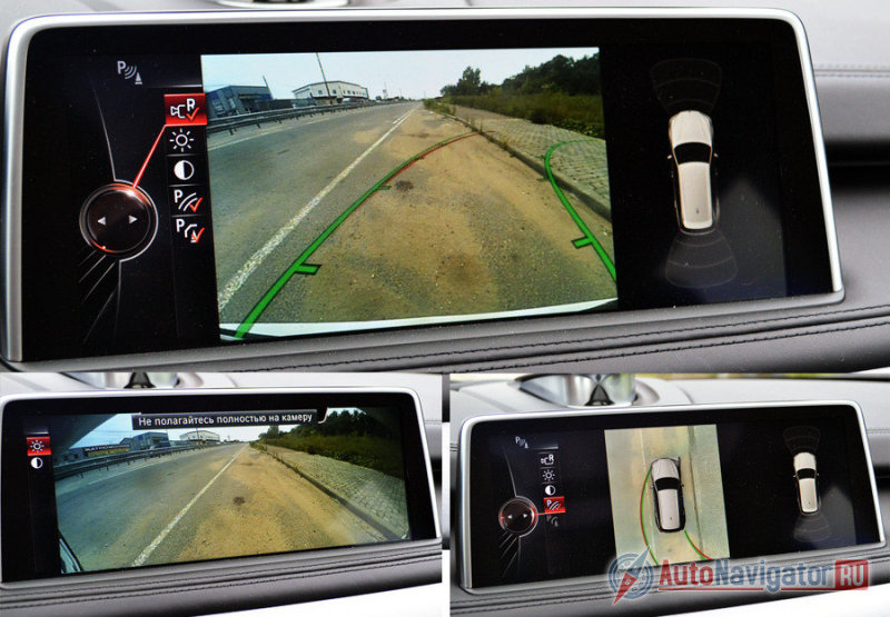 Как и многие современные автомобили, Х5 наделен четырьмя камерами по периметру машины. Благодаря им, мы получаем три возможных изображения. Первое (верхнее) – вид назад с динамической разметкой, второе (снизу слева) – вид вперед с фронтальной камеры. Чрезвычайно полезна она бывает при парковке и на бездорожье. Третье (снизу справа) – вид сверху. Изображение со всех четырех камер «склеивается» и получается вот такой вот общий вид. При этом динамическая разметка прорисовывается не только для задней, но и для передней части автомобиля