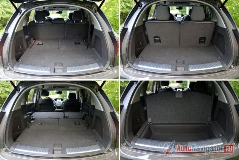 В пятиместном варианте багажник имеет объем 676 литров, однако, даже в семиместном варианте остается место для нескольких небольших сумок или пакетов – 234 литра, а если полностью сложить сиденья второго и третьего ряда, то образуется ровная грузовая площадка, а объем багажника увеличивается до 1344 литров. При этом под основным полом есть еще вместительная ниша (правая нижняя фотография) для каких-то инструментов, мелочей, аптечки или чего-то еще