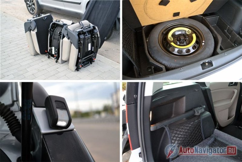 Полностью убрать второй ряд сидений из салона – дело 2-3 минут, но вот сами кресла достаточно тяжелые и девушке с этим не справится. Багажник правильной формы и очень функционален, с сеточками и крючками, которые можно двигать и переставлять, как душе угодно. Под полом есть ниша для запасного колеса. Кроме того, на нижней левой фотографии представлен портативный фонарик, у которого есть штатное место в багажнике, но его можно легко вынуть и благодаря магниту прикрепить куда угодно к кузову автомобиля