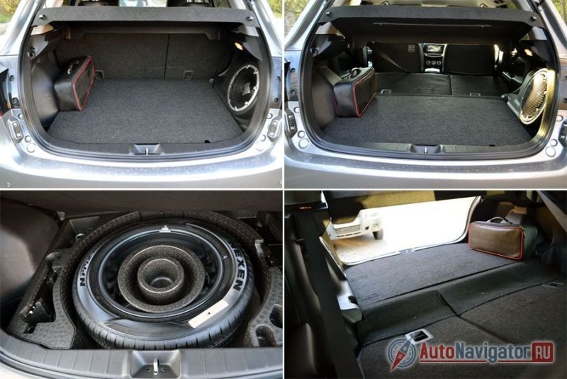 Багажник – 384 литра с поднятыми сиденьями и 1219 литров с опущенными. Причем со сложенными спинками образуется ступенька, но не вверх, как обычно, а вниз, что гораздо лучше. Фальшпол не закреплен и представляет собой фанерку, оклеенную тканью. Под полом лежат инструменты и запаска