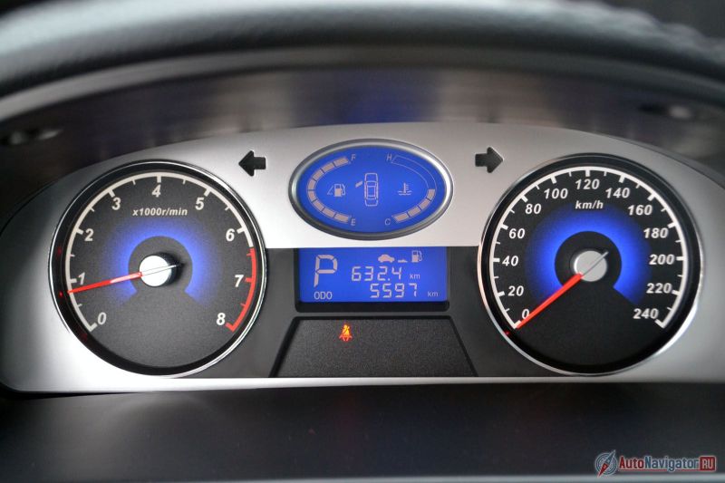 Приборная панель без изысков, но читаются показания хорошо. Подсветка всех приборов и кнопочек синяя, как на монохромных мобильниках начала века. Бортовой компьютер в лучших традициях китайского автопрома. Никаких показаний о среднем и мгновенном расходе топлива, только оставшийся километраж до заправки, суточный пробег и время в пути. Производитель говорит о расходе в смешанном цикле в 7,6 литра на 100 км, но подтвердить или опровергнуть эти данные я не могу