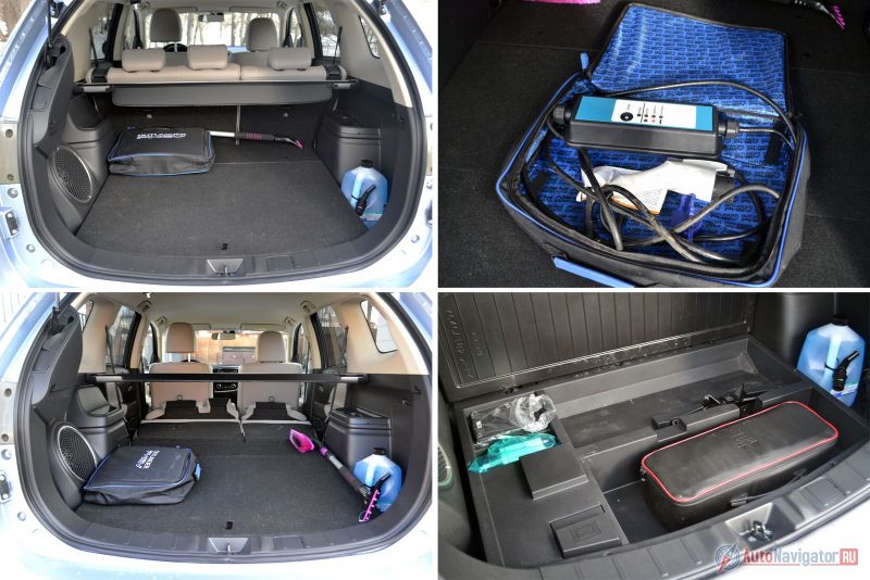 Багажник стандартный – от 591 до 1754 литров. Сиденья складываются, образуя идеально ровный пол, лючка для длинномеров нет. Под полом органайзер для разной мелочи, но из-за аккумуляторов он не такой объемный и большой, как на обычном Outlander. В самом багажнике обязательный атрибут электромобиля – сумочка с зарядным устройством для подзарядки от обычной 220-вольтовой розетки