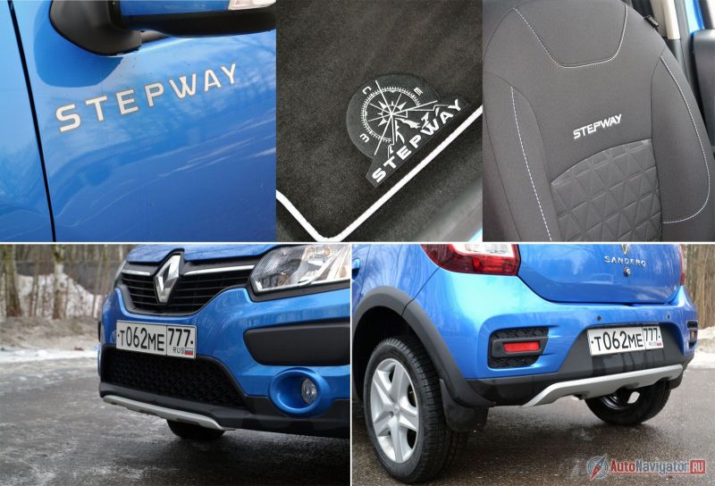 Знаки отличия Stepway от просто Sandero. Во-первых, надписи на передних дверях (шильдика сзади, кстати, нет), во-вторых, вышивка на передних сиденьях и ковриках, в-третьих, другие бампера спереди и сзади и пластиковый обвес по всему кузову. Ну и, разумеется, как говорилось выше, увеличенный дорожный просвет, большие колеса и рейлинги на крыше