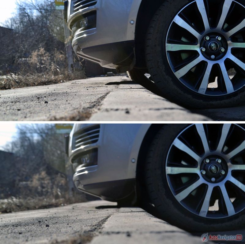 На этой фотографии хорошо виден диапазон регулировки подвески. Даже в самом низком варианте клиренс у Range Rover будет больше, чем у большинства кроссоверов и псевдовнедорожников