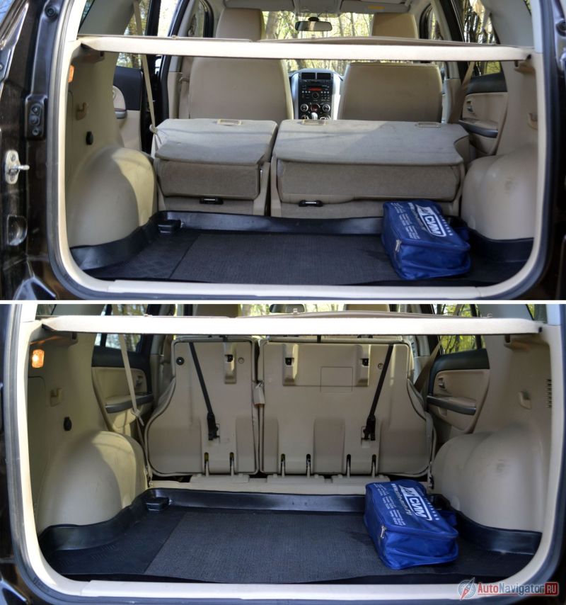 Сиденья складываются по американскому принципу. То есть можно сложить только спинки, тогда получится высокая ступенька, а после этого можно поднять спинки вместе с сидушками – получится ровный пол