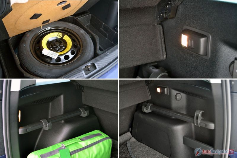В багажнике много всяких примочек. Например, слева есть подсветка, а справа съемный фонарик и розетка на 12 V. С обеих сторон есть поручни с крючками, чтобы пакеты и сумки из супермаркета не болтались как зря. На полу есть сетка для фиксации груза, можно заказать еще пару. В общем, любой каприз за ваши деньги. Главное, не смотреть в прайс-лист. И да, под полом докатка