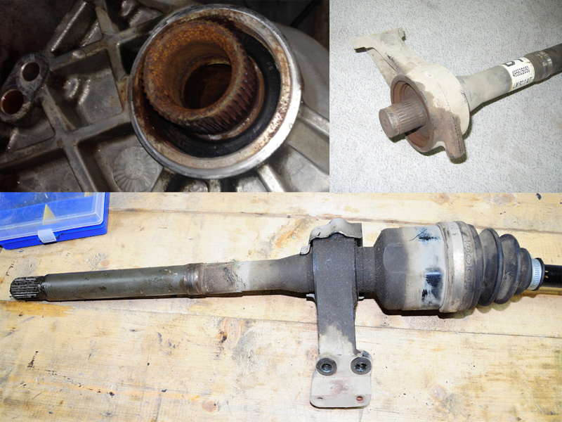 Промежуточный вал правого переднего привода ничем не защищен от грязи, поэтому нуждается в периодической чистке и смазке